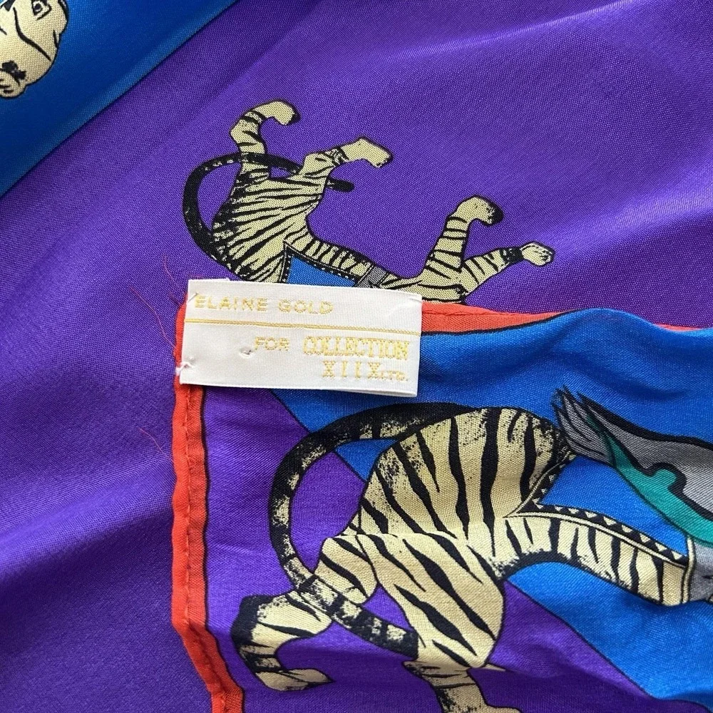 Vintage Elaine Gold Collection 100% Silk Circus Animal Print Scarf 34x34